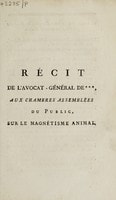 Cover of Récit de l'avocat général de ***, aux chambres assemblées du public, sur le magnétisme animal