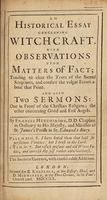 Cover of An historical essay concerning witchcraft. With observations upon matters of fact; tending to clear the texts of the sacred Scriptures, and confute the vulgar errors about that point, and also two sermons. One in proof of the Christian religion; the other concerning the good and evil angels