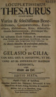 Cover of Locupletissimus thesaurus continens varias et selectissimas benedictiones, conjurationes, exorcismos, absolutiones, ritus, administrationem sacramentorum, aliorúmque munerum pastoralium, ad utilitatem Christi fidelium, & commodiorem usum parochorum, omniúmque sacerdotum, tam saecularium, quàm religiosorum curam habentium ex diversis ritualibus et probatissimis authoribus. Locupletior & correctior redditus