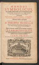 Cover of Mundus Symbolicus, in emblematum universitate formatus, explicatus, et tam sacris, quam profanis eruditionibus ac sententiis illustratus