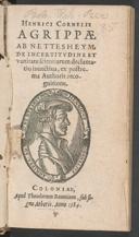 Cover of Henrici Cornelii Agrippae ab Nettesheym De incertitudine et vanitate scientiarum declamatio invectiva, ex postrema authoris recognitione