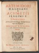 Cover of Artemidori Daldiani & Achmetis Sereimi F. Oneirocritica