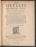 Cover of Des Sibylles celebrées tant par l'antiquité payenne que par les saincts pères