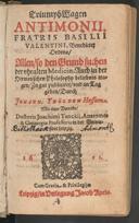 Cover of Triumph Wagen Antimonii fratris Basilii Valentini ... allen so den Grund suchen der uhralten Medicin, auch zu der hermetischen Philosophy beliebnis tragen zu gut publiciret und an Tag geben