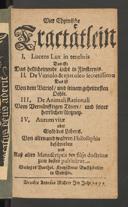 Cover of Vier chymische Tractätlein: I. Lucens lux in tenebris, das ist: Das hellscheinende Licht in Finsternis. II. De vitriolo & eius oleo secretissimo, das ist: Von dem Vitriol und seinem geheimesten Oehle [Roger Bacon] III. De animali rationali: Vom vernünfftigen Thiere und seiner herrlichen Artzney. IV. Aurum vitae oder Gold des Lebens