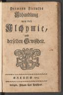 Cover of Hermann Fictulds Abhandlung von der Alchymie und derselben Gewissheit