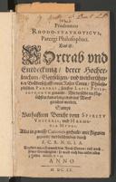 Cover of Prodromus Rhodo-Stauroticus, Parergi philosophici. Das ist: Vortrab und Entdeckung derer hocherleuchten, gottseligen und weitberühmten Bruderschafft vom Rosen Creutz philosophischen Parergi, sonsten Lapis Philosophorum genandt, wie derselbe am füglichsten kan erlangt und ins Werck gerichtet werden