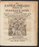 Cover of De lapide philosophico per breve opusculum, quod ab ignoto aliquo Germanico philosopho, pene ante ducentos annos, conscriptum & liber alze nuncupatum fuit, nunc vero in lucem editum