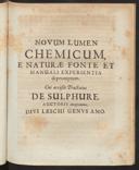 Cover of Novum lumen chemicum e naturae fonte et manuali experientia depromptum