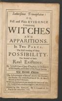 Cover of Saducismus triumphatus or full and plain evidence concerning witches and apparitions. In two parts. The first treating of their possibility. The second of their real existence