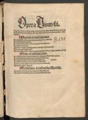 Cover of Opera Dionysii veteris et nove translationis etiam novissime ipsius Marsilii Ficini cum commentariis Hugonis, Alberti, Thome, Ambrosii oratoris Linconiensis et Vercellensis. Veteris translationis. De celesti hierarchia cum commento Hugonis et Alberti. De ecclesiastica hierarchia. De divinis nominibus cum commento beati Thome. De mystica theologia. Undecim epistole Dionysii. Extractio Vercellensis super predictos quattuor libros et super epistolam ad Titum. Nove translationis. De celesti hierarchia cum scholiis sive commento Ambrosii oratoris. De ecclesiastica hierarchia cum commento Ambrosii. De divinis nominibus cum commento Ambrosii oratoris. De mystica theologia cum commento Ambrosii. ... Novissime translationis Marsilii. De mystica theologia cum commento Marsilii Ficini. De divinis nominibus cum commento Marsilii Ficini