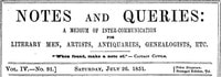 Cover of Notes and Queries, Vol. IV, Number 91, July 26, 1851