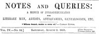 Cover of Notes and Queries, Vol. IV, Number 92, August 2, 1851