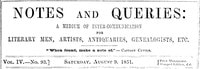 Cover of Notes and Queries, Vol. IV, Number 93, August 9, 1851