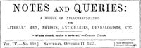 Cover of Notes and Queries, Vol. IV, Number 102, October 11, 1851