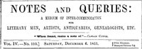 Cover of Notes and Queries, Vol. IV, Number 110, December 6, 1851
