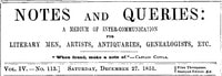 Cover of Notes and Queries, Vol. IV, Number 113, December 27, 1851