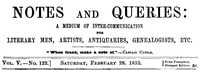Cover of Notes and Queries, Vol. V, Number 122, February 28, 1852